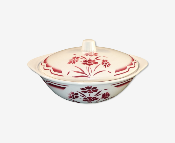 Soupiere en faience de Badonviller fb fenal freres décor fleur rouge