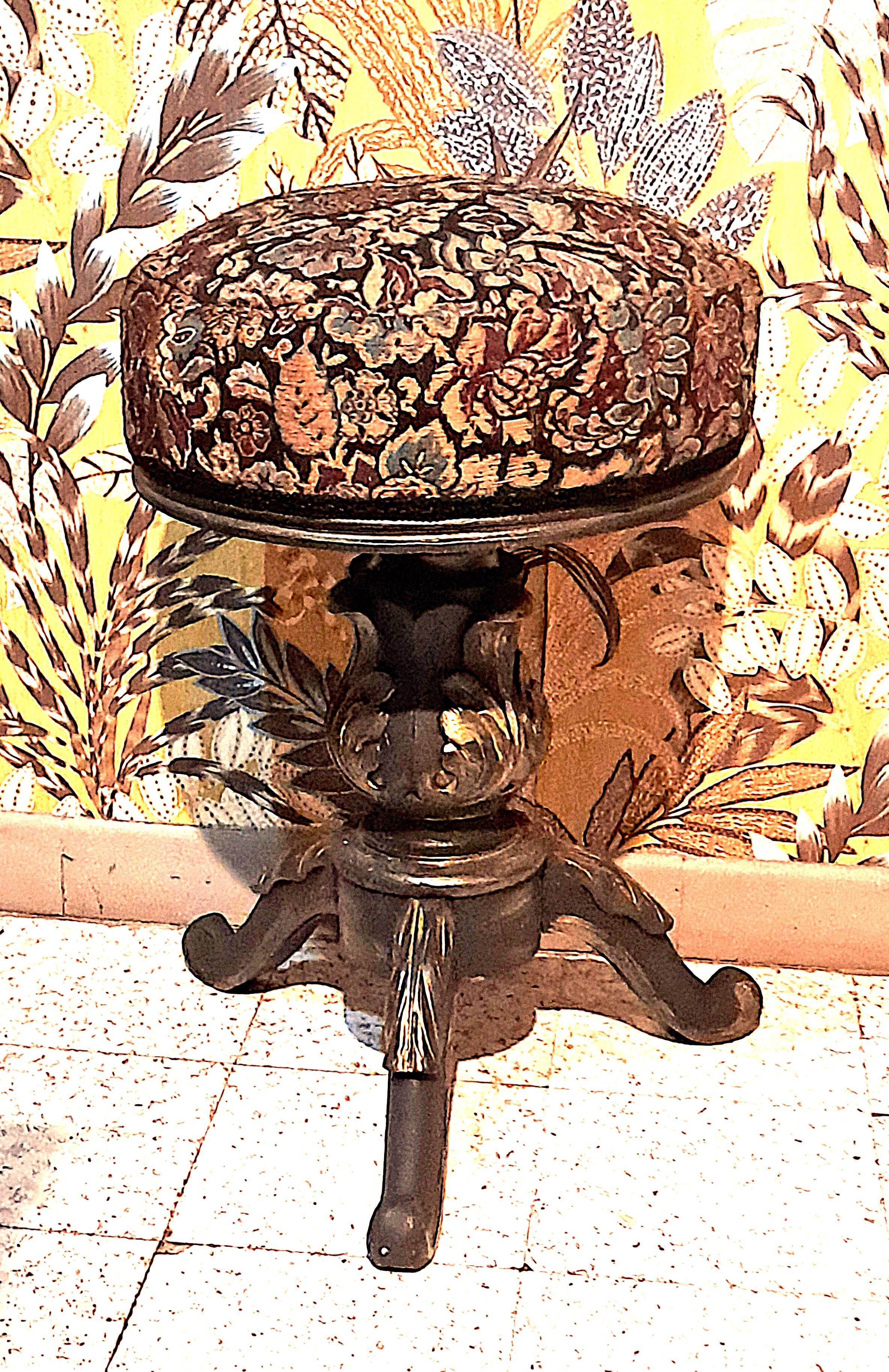 Victorian Piano Stool, Patinated Wood, Upholstered Fabric, 19th Century, France