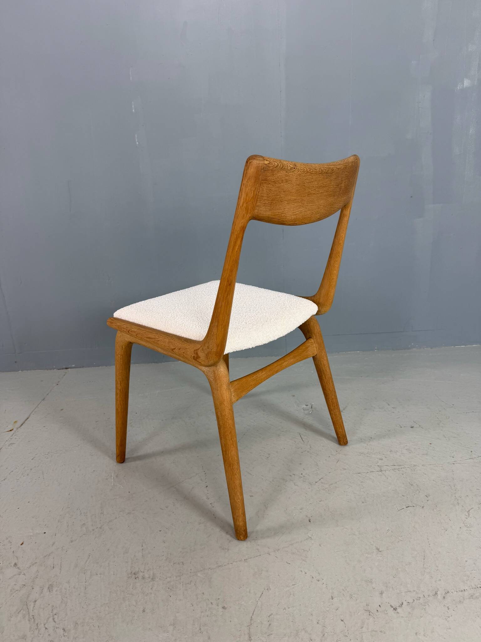 Alfred Christensen Danish oak "Boomerang" chairs set of 6 boucle fabric