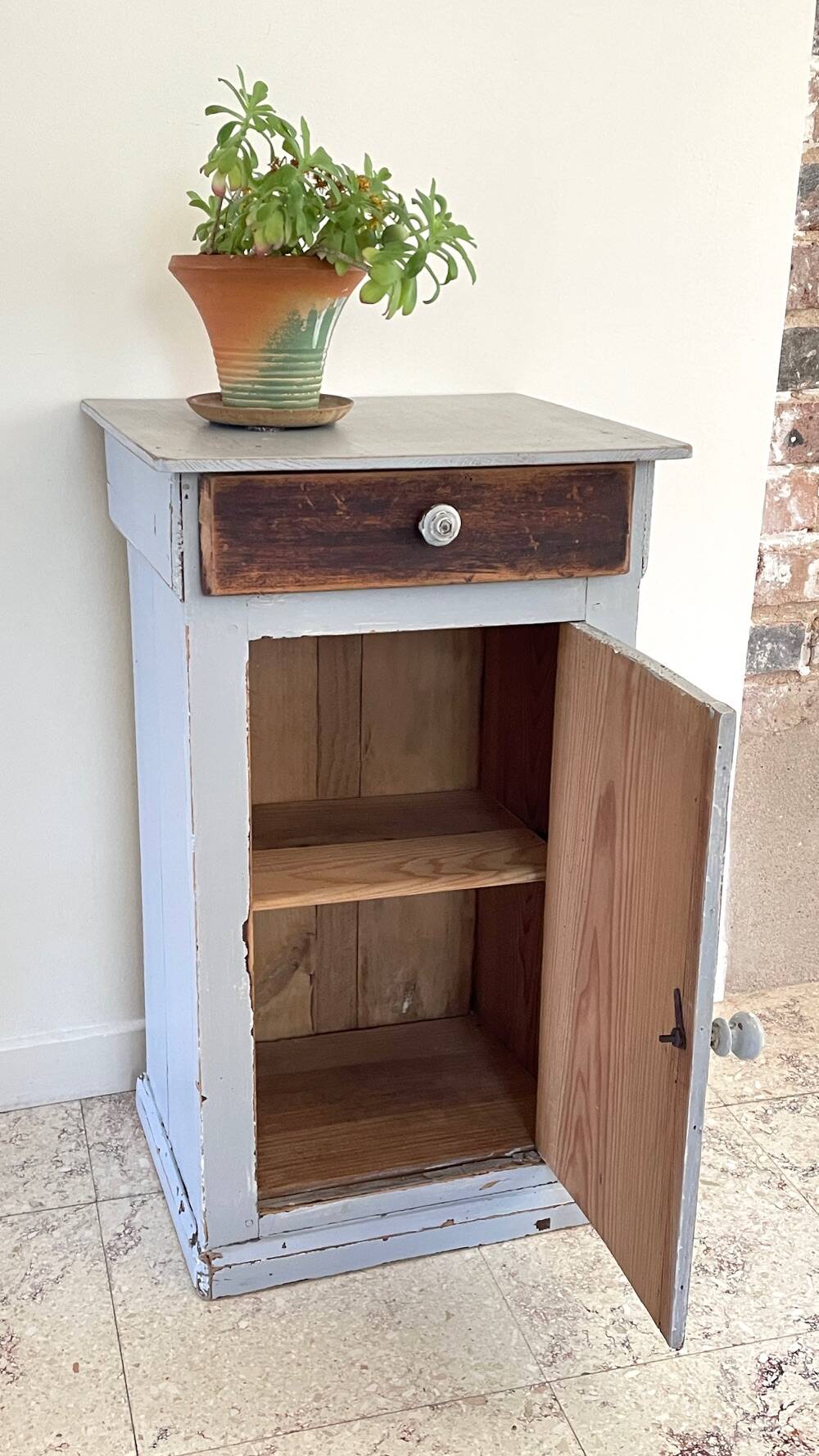 Antique Bedside Table in Weathered Grey Wood