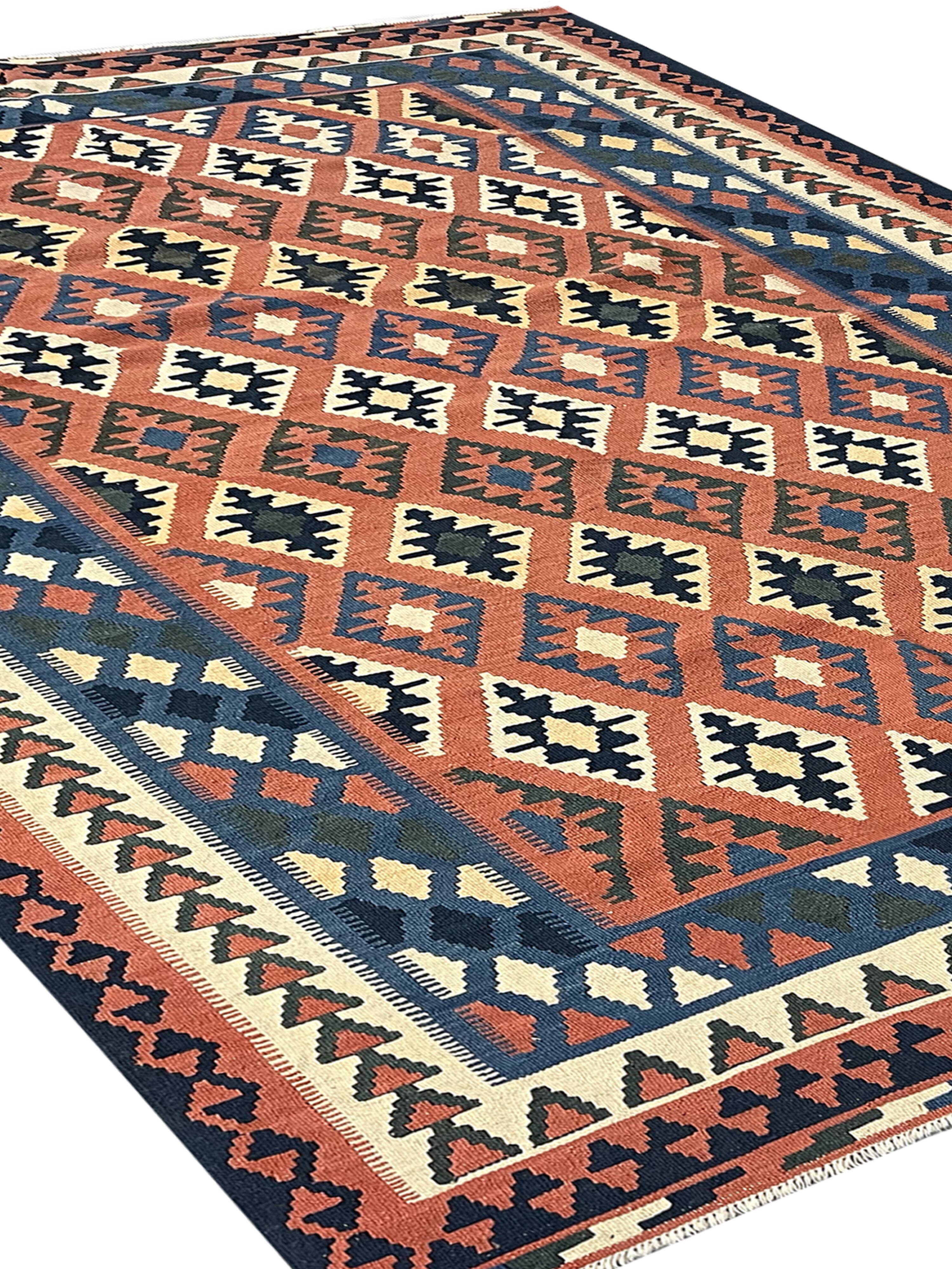 Tapis Kilim fait main pour chambre à coucher, en laine tissée à plat, motif géométrique rouille, 293 × 210 cm