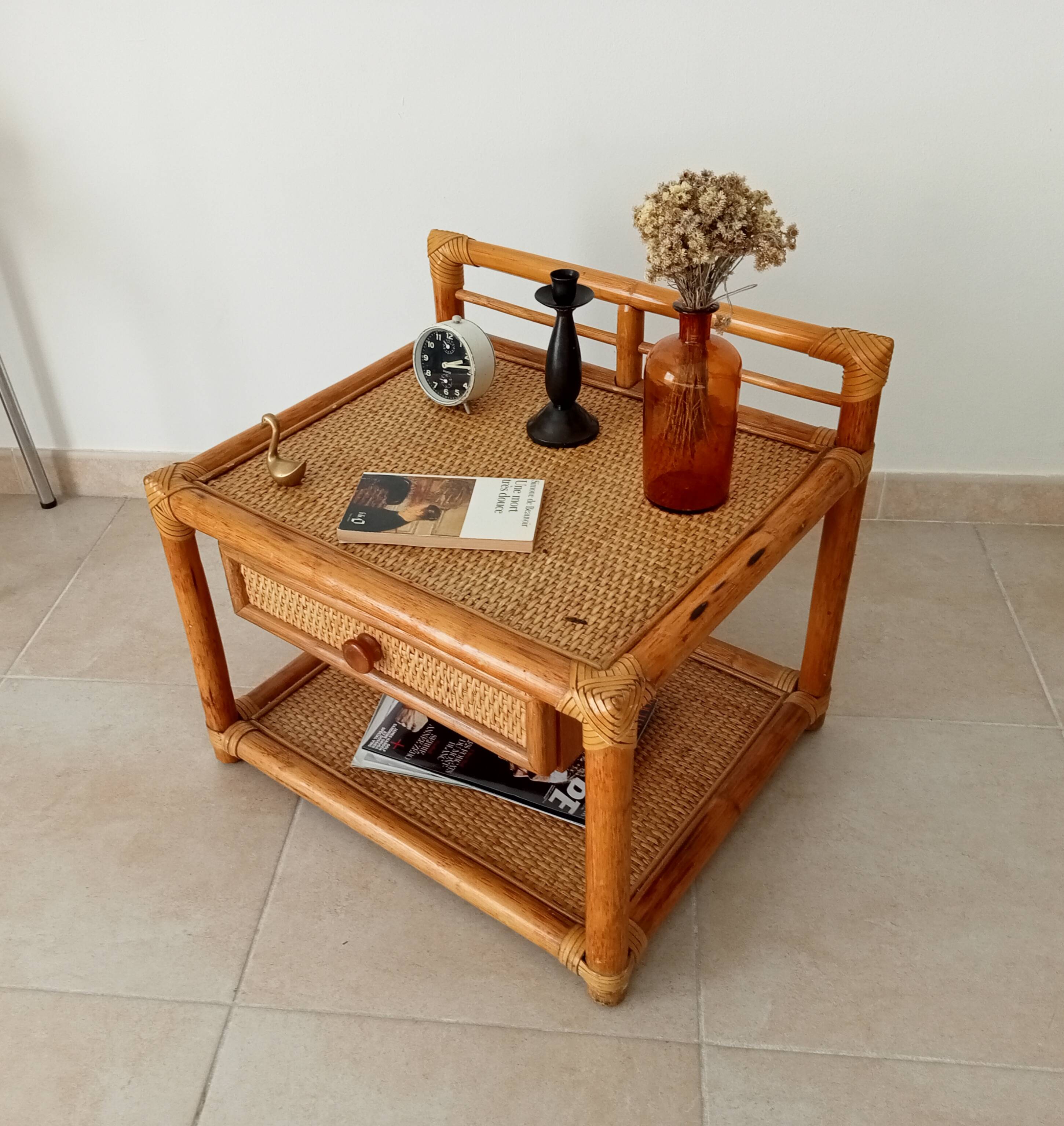 Vintage Maugrion side table in bamboo and rattan