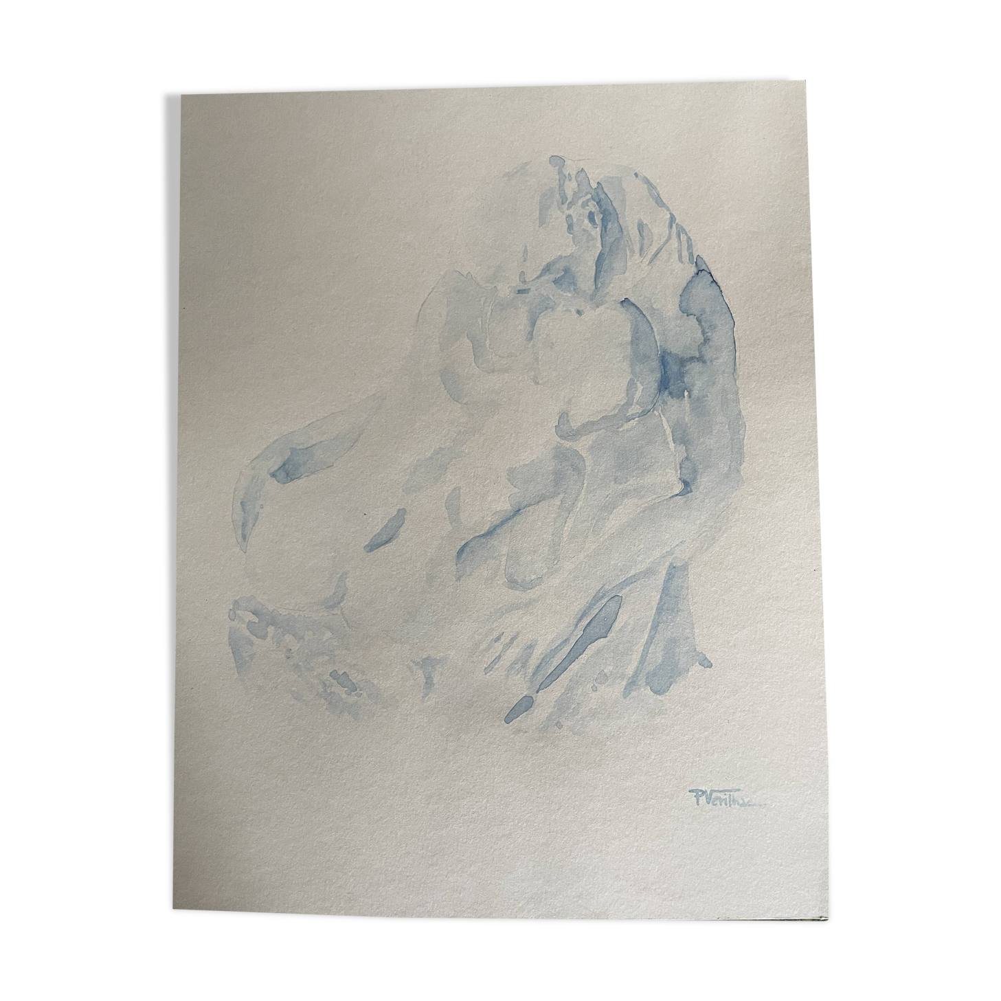 Signed watercolour monochrome blue study of the statue "The Kiss by Rodin"