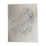 Tableau signé aquarelle monochrome bleue étude de la statue  « le baiser de Rodin »