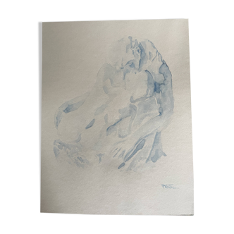 Tableau signé aquarelle monochrome bleue étude de la statue  « le baiser de Rodin »