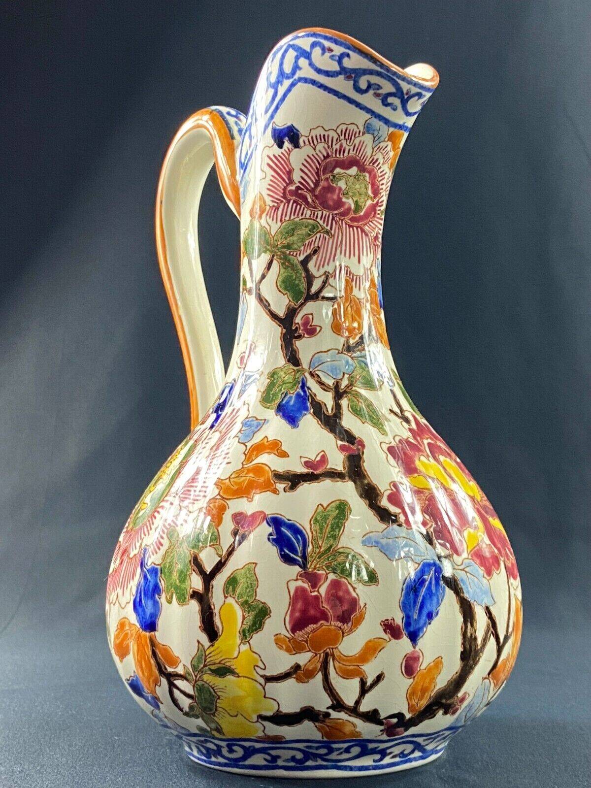 Large Gien earthenware ewer pitcher with Peonies decor
