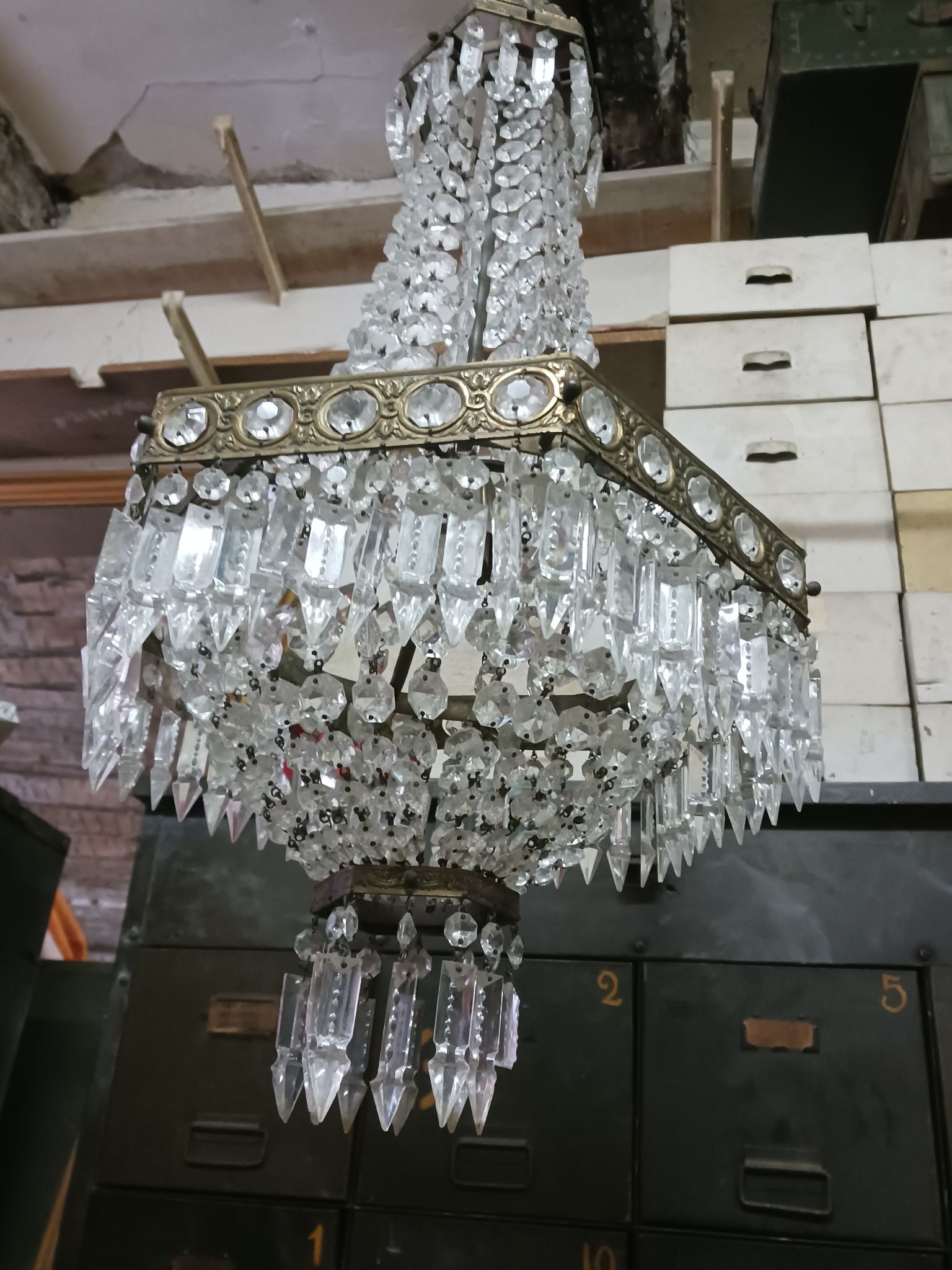 Hexagonal hot air balloon chandelier, glass pendilles, first half of the XX th