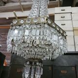 Lustre montgolfière hexagonal,  pendilles de verre, première moitié du XX eme