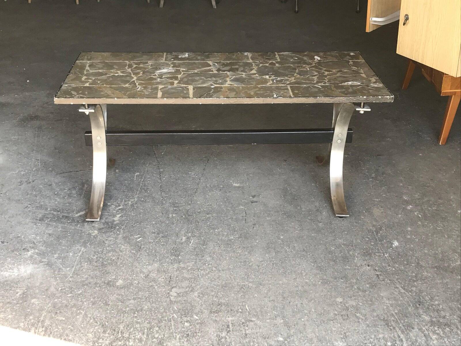 Mid-century brown marble coffee table with silver chrome legs from the 1950s.