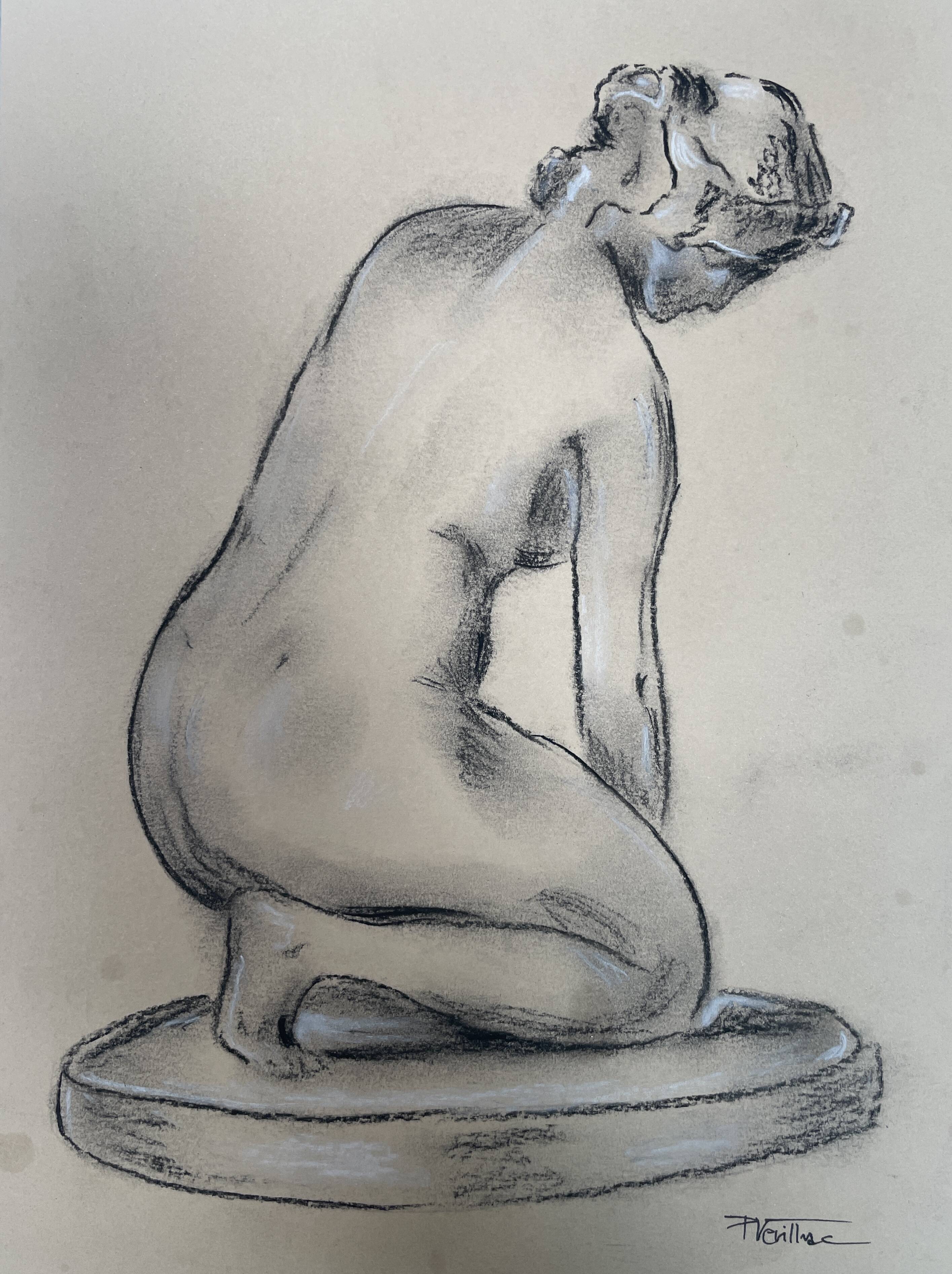 Charcoal drawing, study of a plaster statue of a woman, signed studio piece.