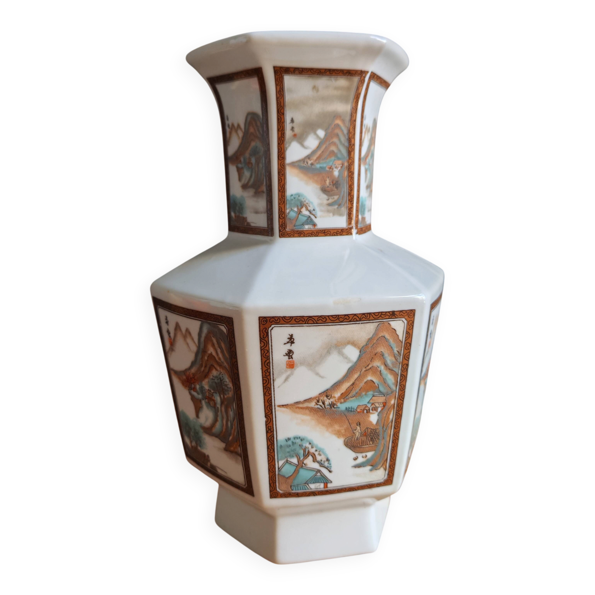 Vintage Hexagonal Japanese Porcelain Vase – Landscape Decoration