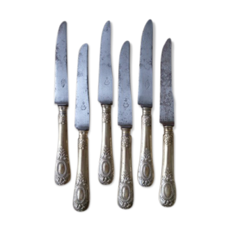 Box of 6 table knives gilded silver metal and molten steel blade late xix th