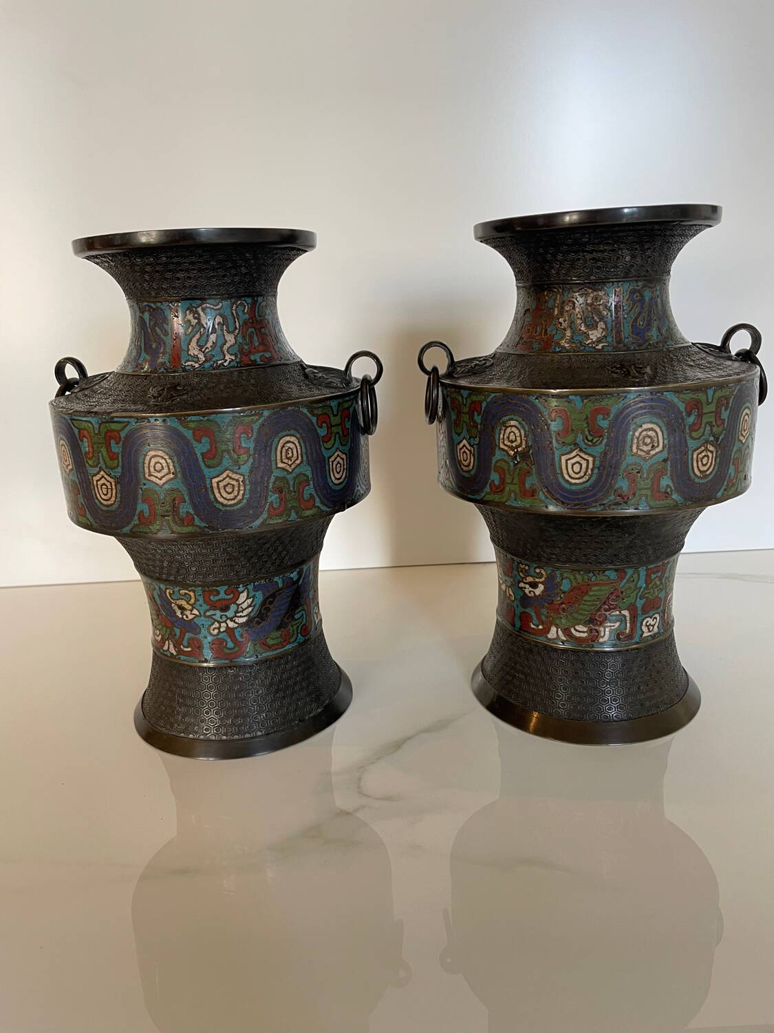 Pair of antique cloisonné bronze vases, China or Japan circa 1900-1930.