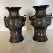 Pair of antique cloisonné bronze vases, China or Japan circa 1900-1930.