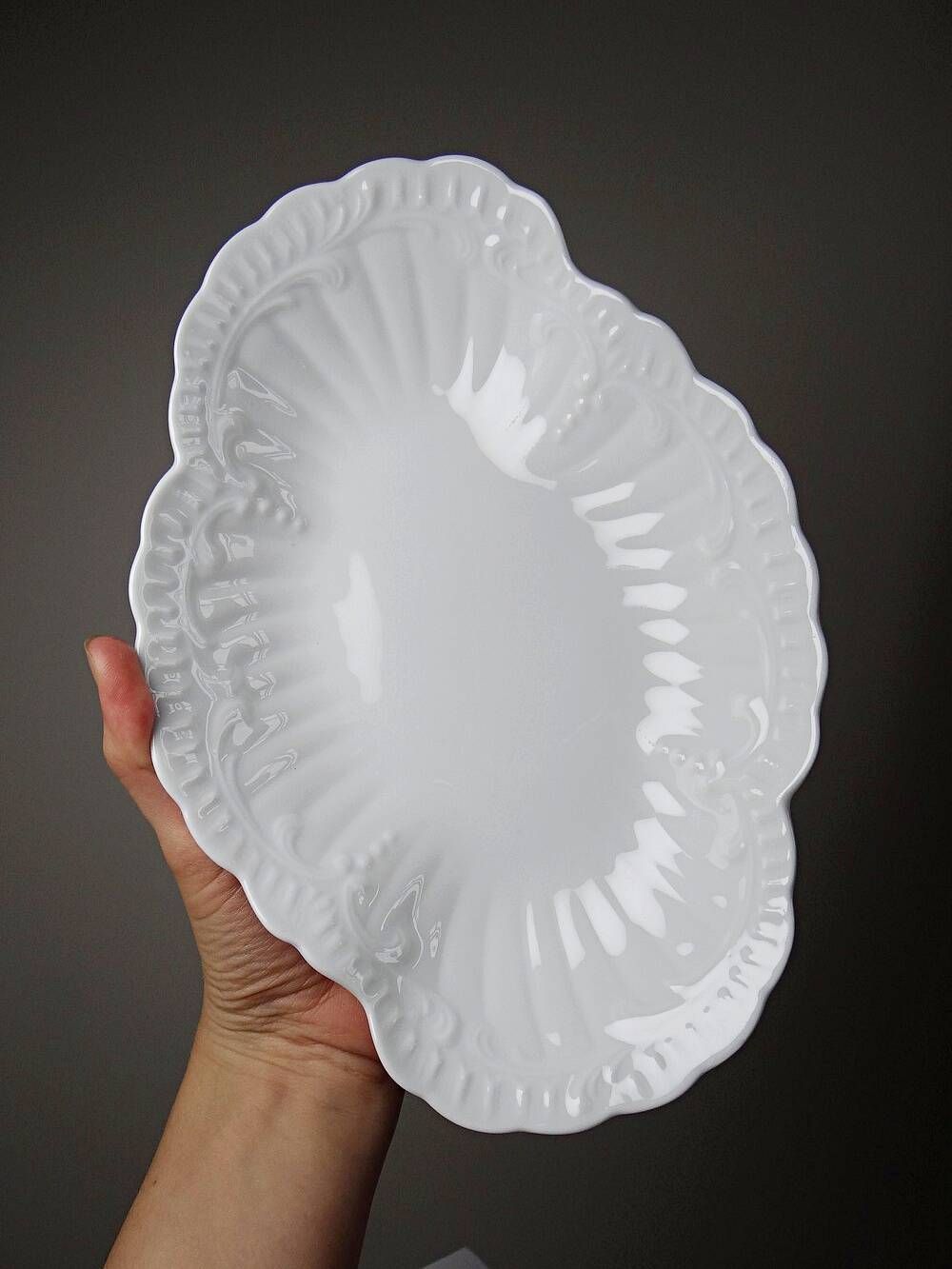 Vintage duo of Chastagner Limoges serving dishes, white rocaille porcelain.