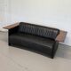 Vintage Black Leather Loveseat with Cantilevered Walnut Tray Arms