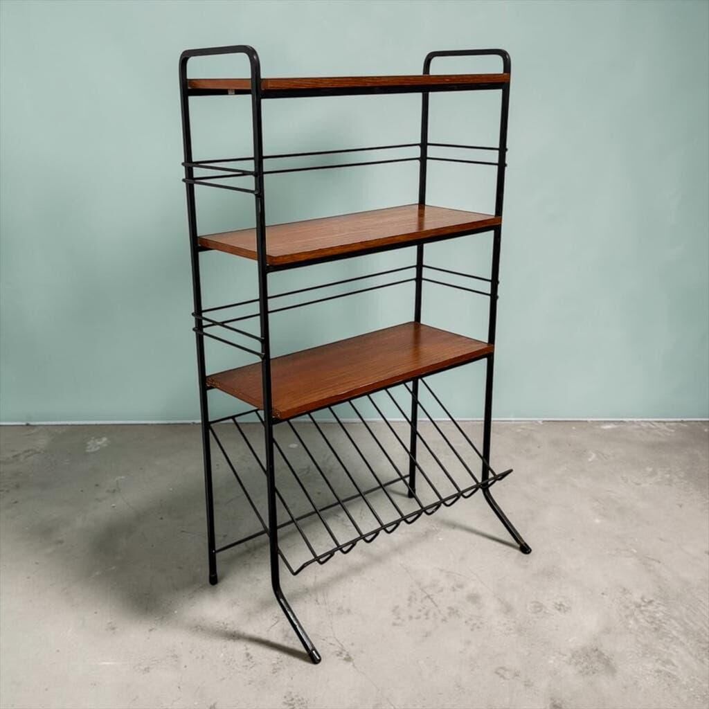 Vintage black shelf/coat rack with wooden accents.