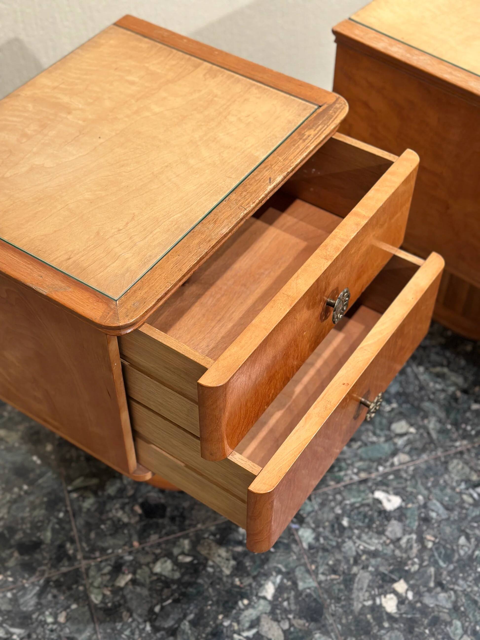 Set Scandinavian birch midcentury Art Deco nightstands