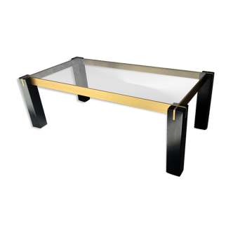Table basse moderniste bois, aluminium brossé et verre - design 1970