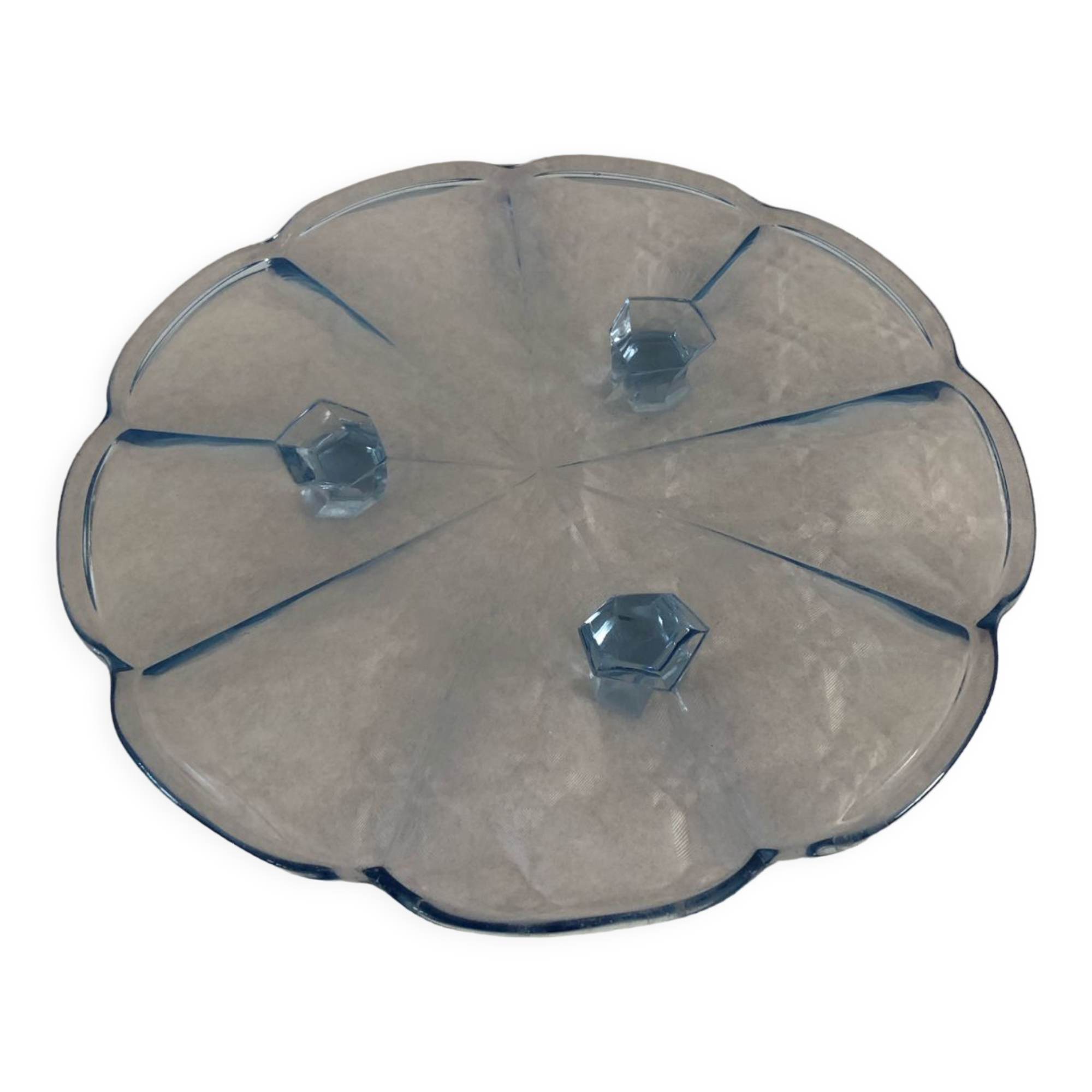 Blue transparent glass pie dish on vintage stand