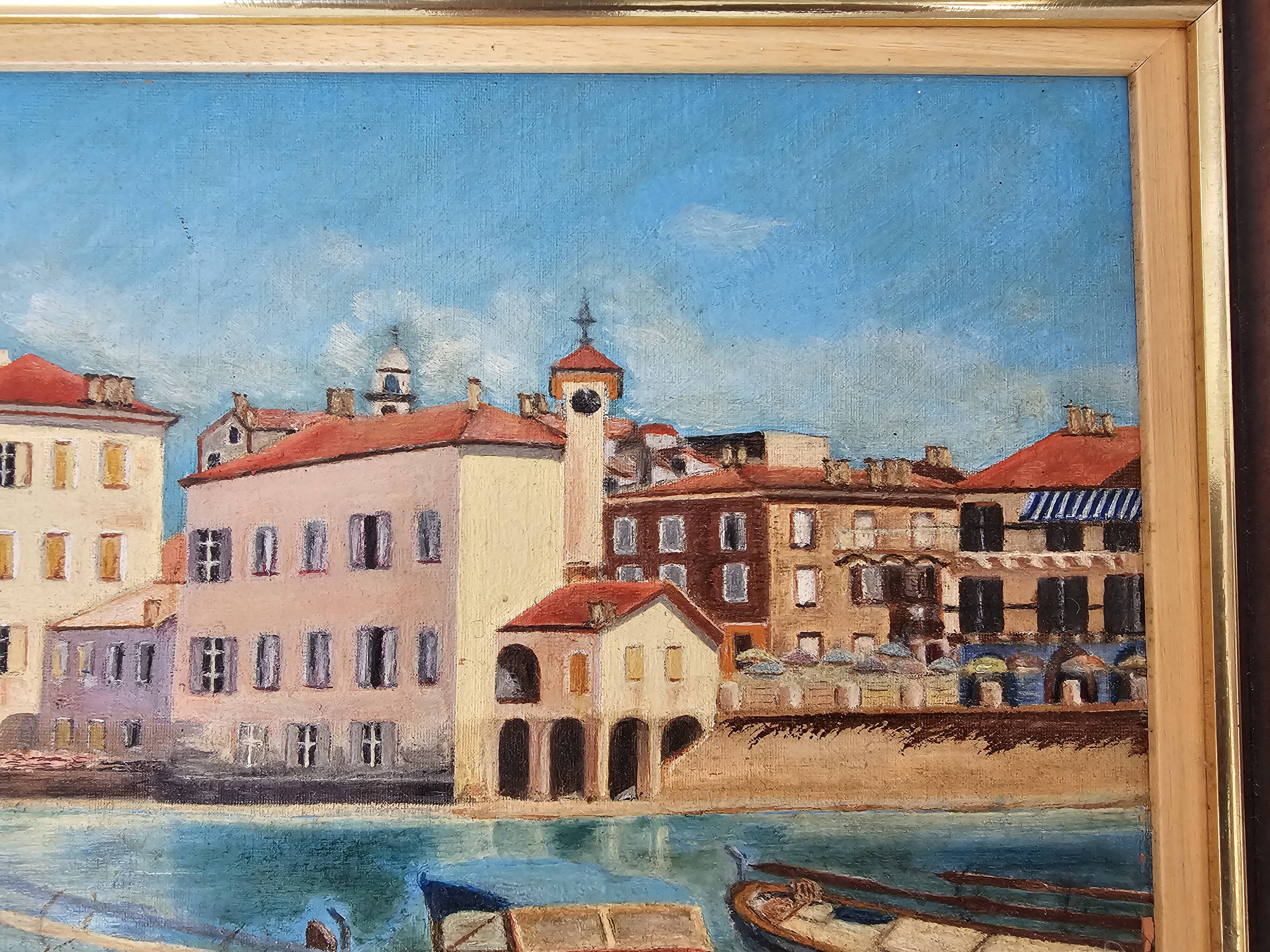 Oil Painting on Panel Mediterranean Port (Saint Tropez) signed Ribault
