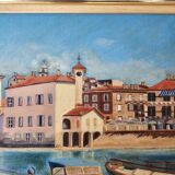 Oil Painting on Panel Mediterranean Port (Saint Tropez) signed Ribault