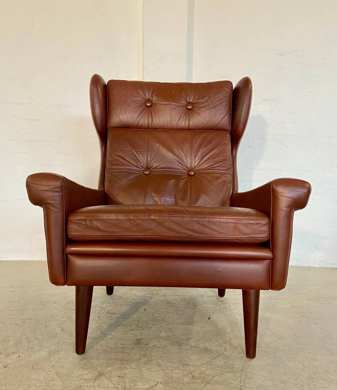 Vintage Danish retro mid-century Svend Skipper caramel brown leather chair