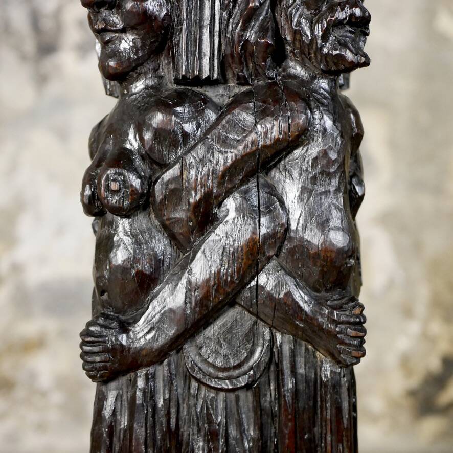 Adam and Eve wooden pedestal, religious art