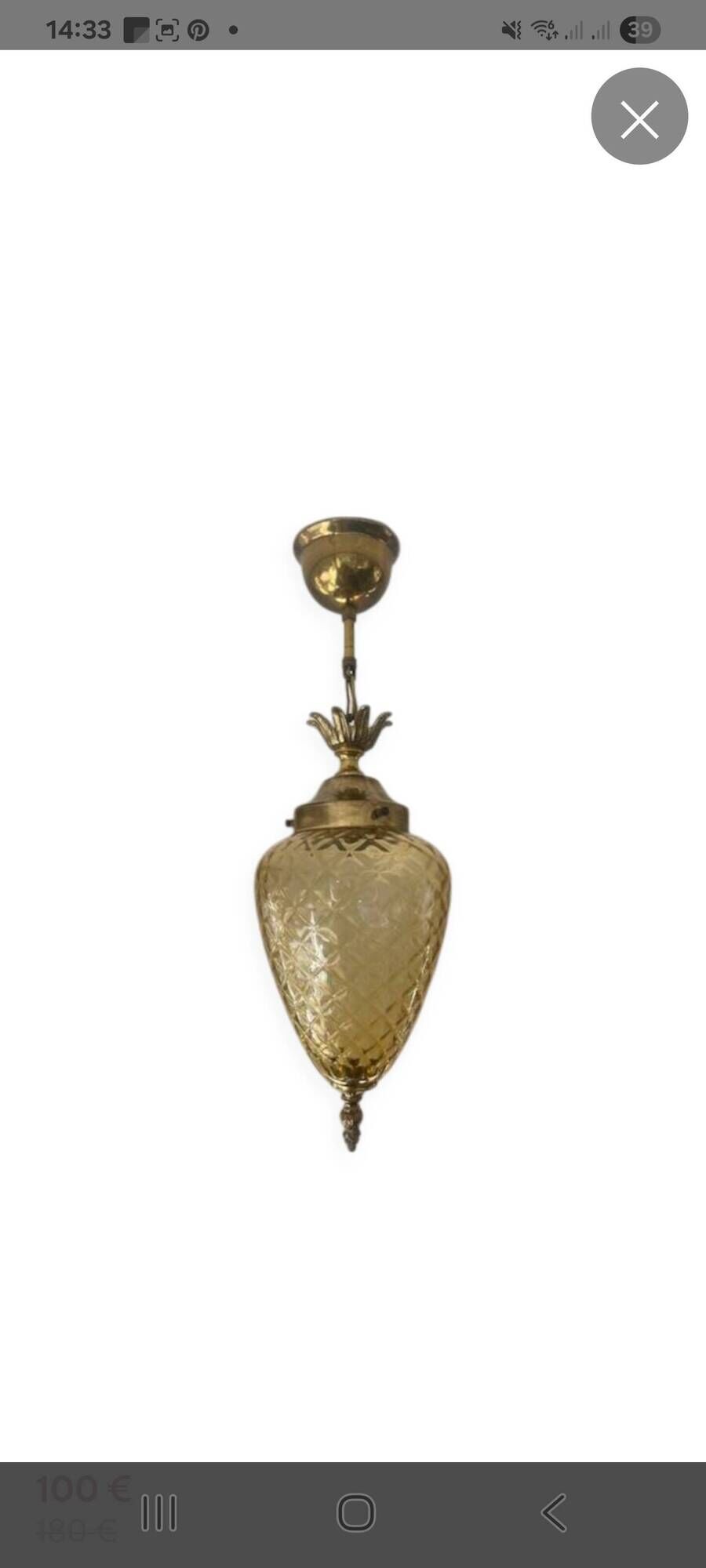 Superbe lustre ananas en verre ambré et laiton