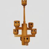 Vintage wooden chandelier with 6 lights. Antique lighting fixture. 1970s