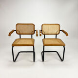 Set of 2 tubular black frame and cane cantilever dining chairs Breuer, italy, 1970s