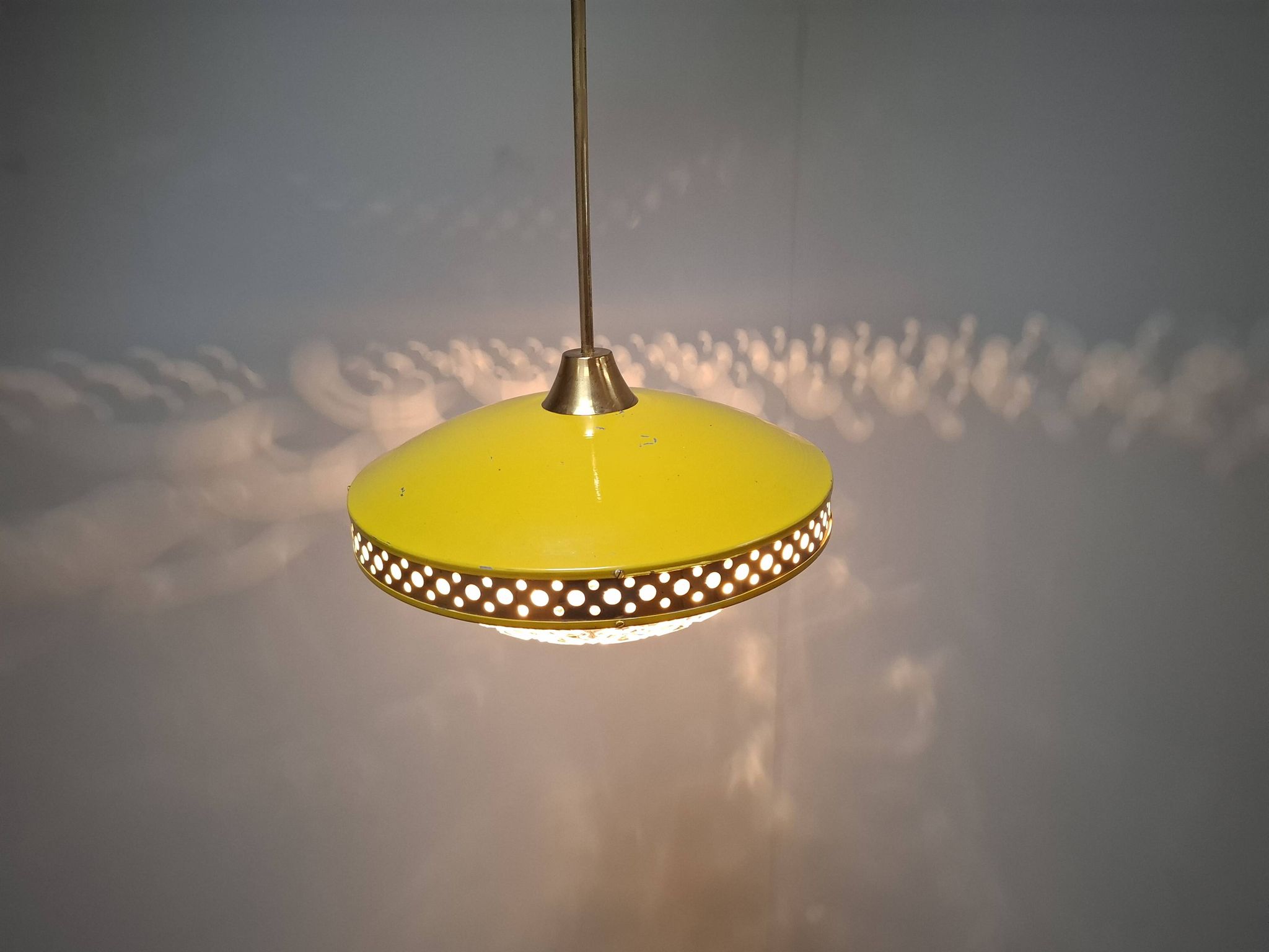 1970s Ludib Mid-Century Pendant Lamp in Yellow Metal, Brass and Glass