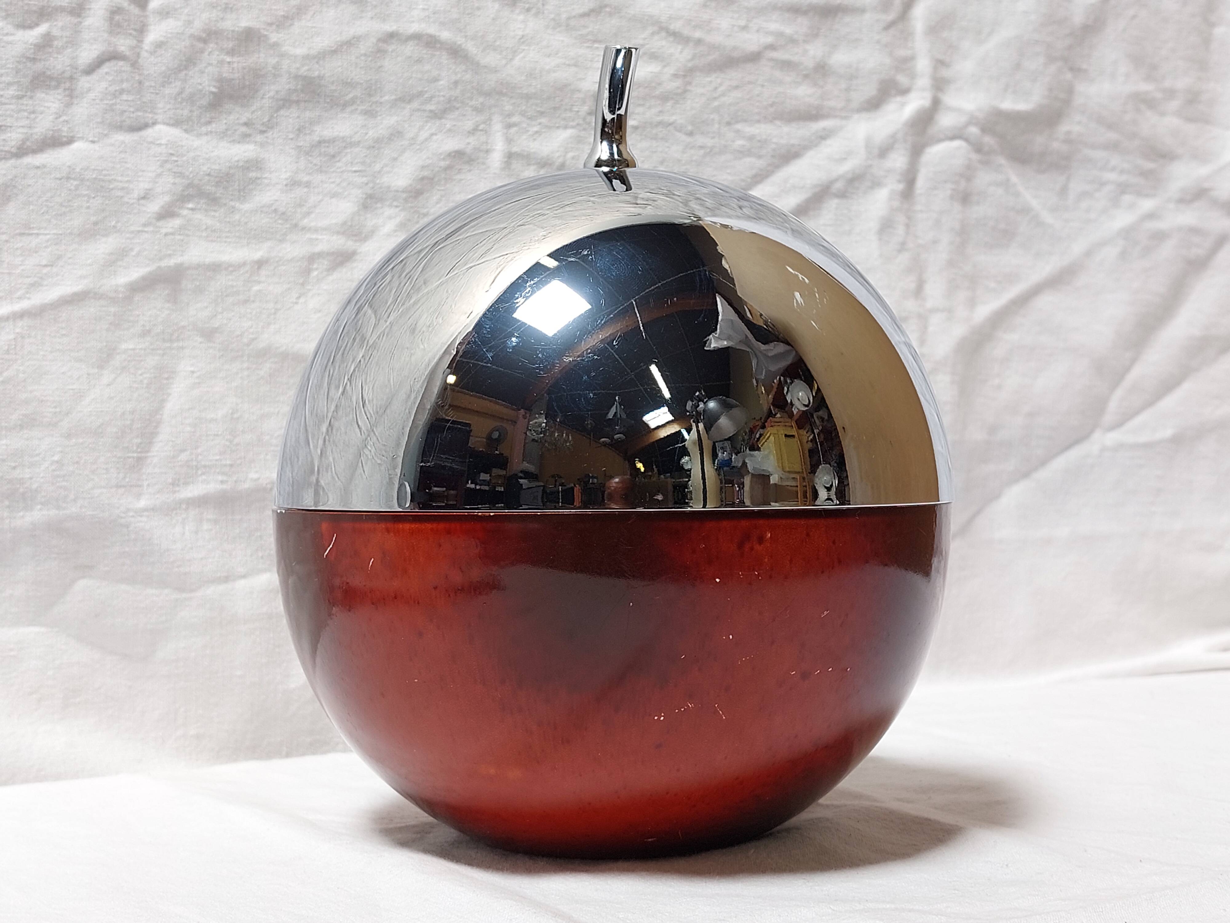 Ice bucket in the shape of an apple, chrome metal and red Bakelite, France, 70s