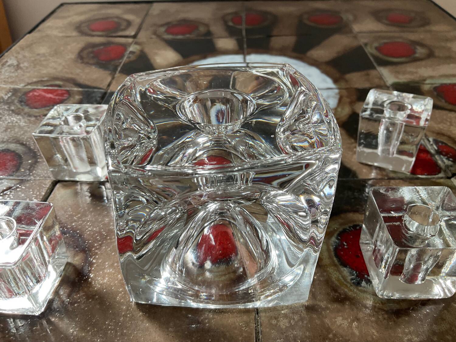 Series of 6 vintage cube candlesticks in molded glass