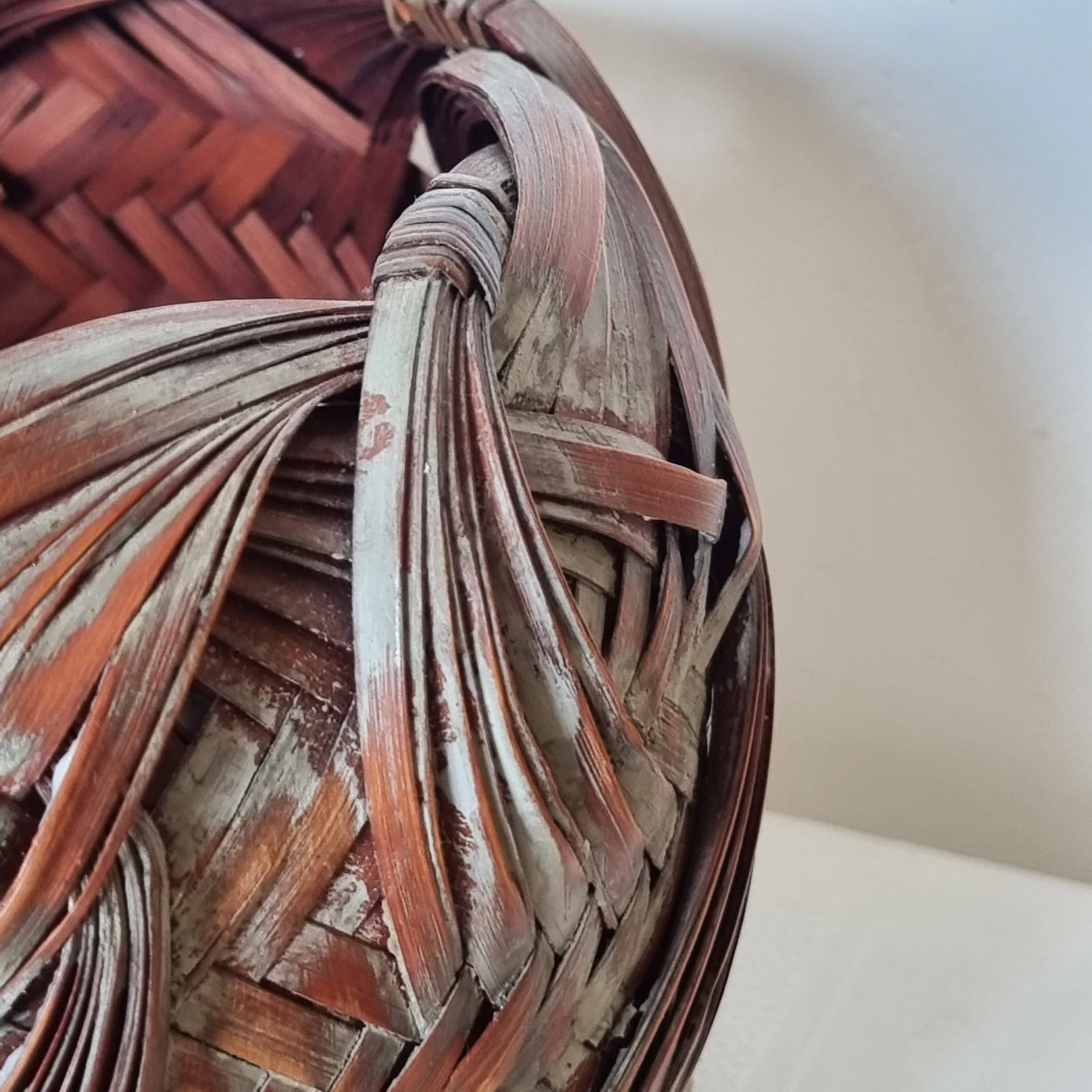Vintage Japanese Ikebana basket made of smoked bamboo in natural