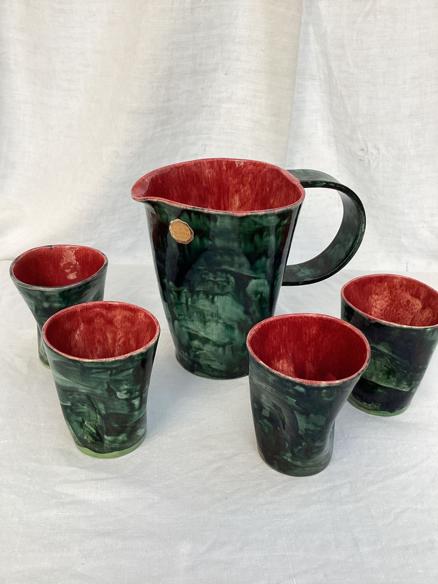 Art pottery of Val-de-Vie M.Clément pitcher with four cups dimension: height -20cm- l