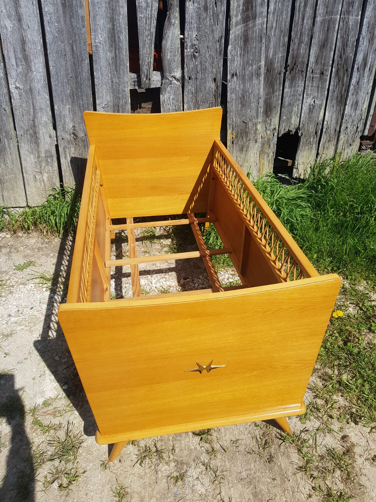 Scandinavian children's bed, wooden compass feet with vintage curved rattan