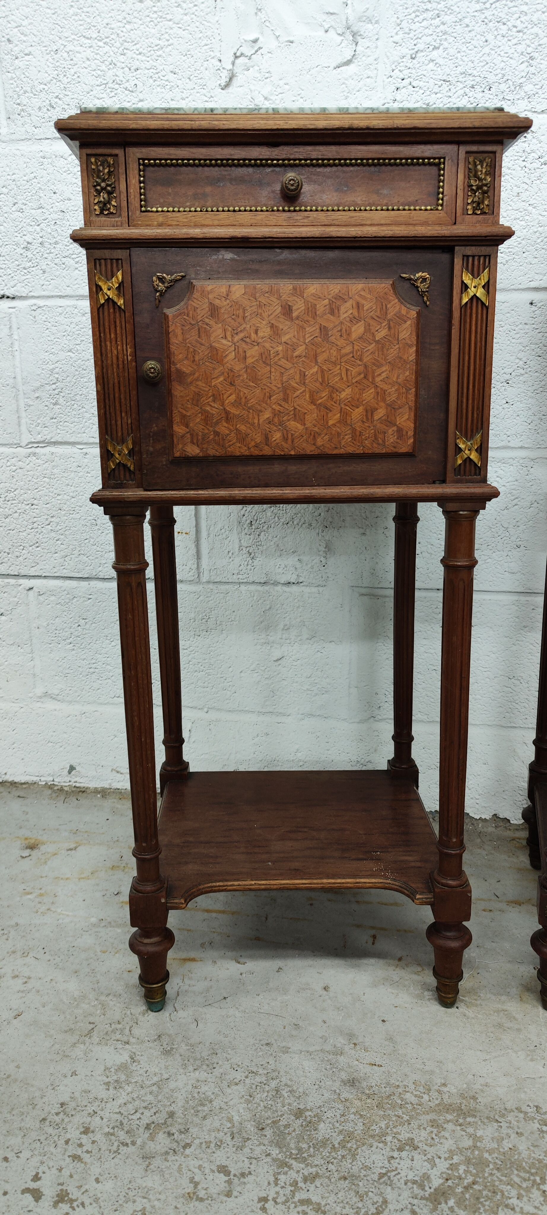 Pair of bedside old marquetry top green marble and bronze decorations