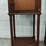 Pair of bedside old marquetry top green marble and bronze decorations