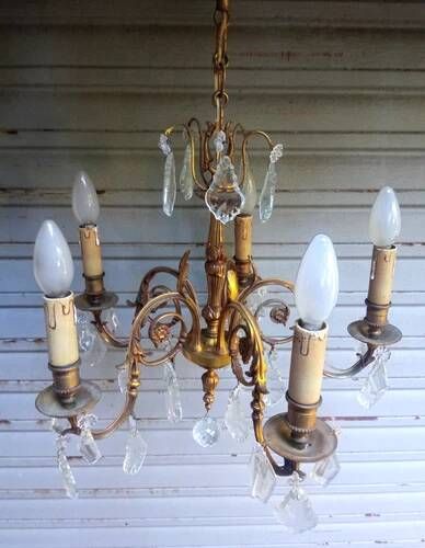 Antique gilded bronze and crystal chandelier with 5 lights / working condition l. gau?