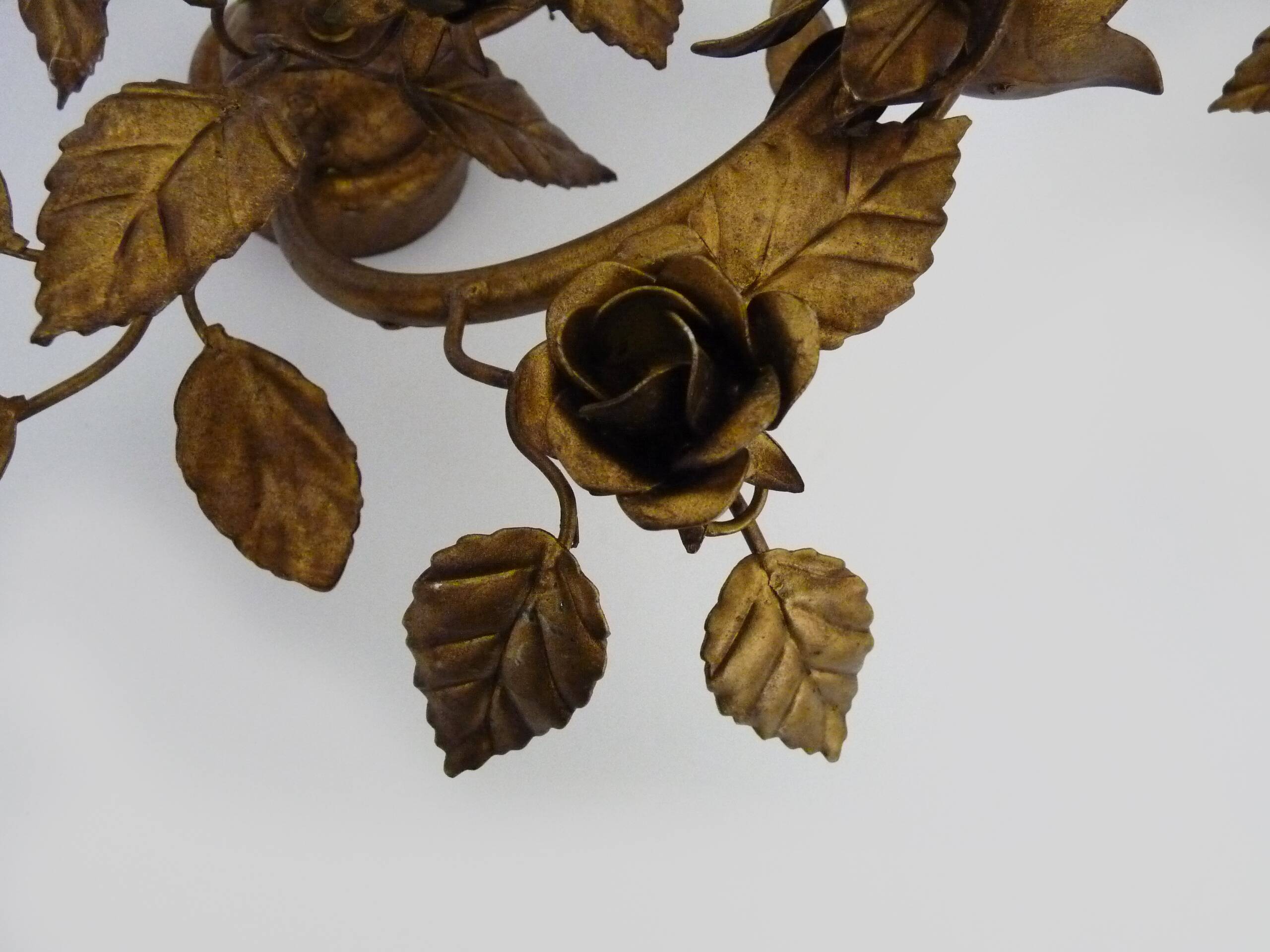 Pair of 3-light gold leaf and flower wall lights, Italy, 1970s-80s