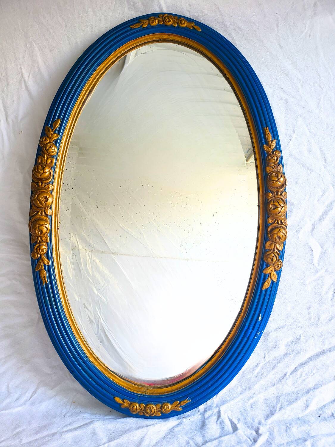 Antique oval mirror, royal blue and gold – rose design – 80 x 52 cm