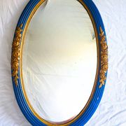 Antique oval mirror, royal blue and gold – rose design – 80 x 52 cm