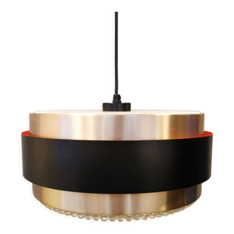 Hanging lamp, Danish, made of metal with glass-bottom shade. estimated 1980s