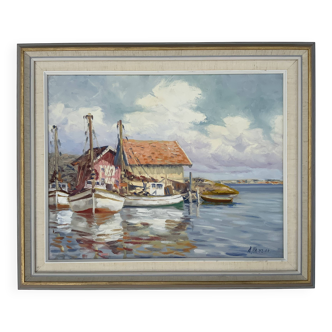 Vintage Impressionist Landscape with Fishing Boats Scene Oil Painting by Nilsson 1960s
