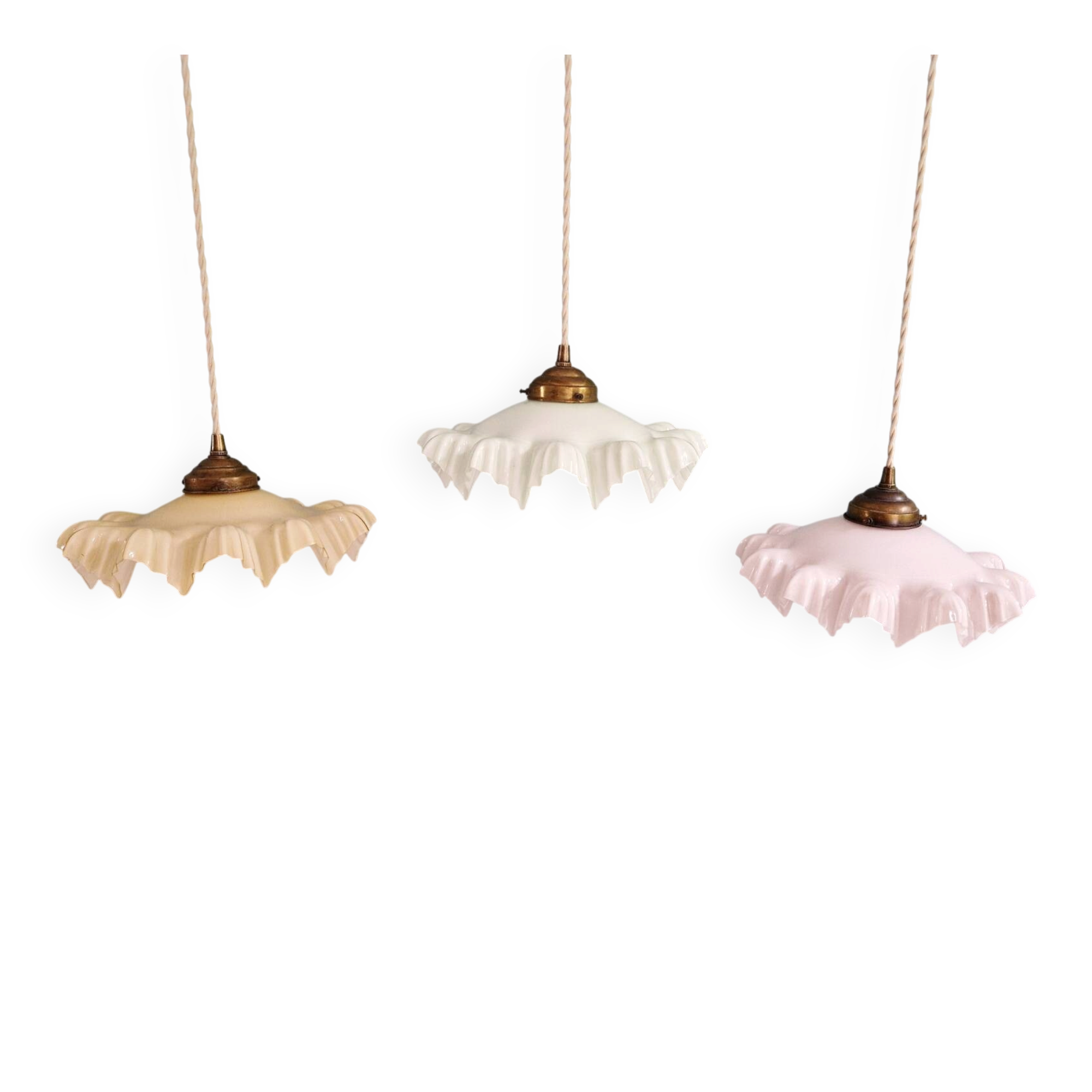 Art Deco trio of suspensions in coloured frilled opaline, 1920-30.