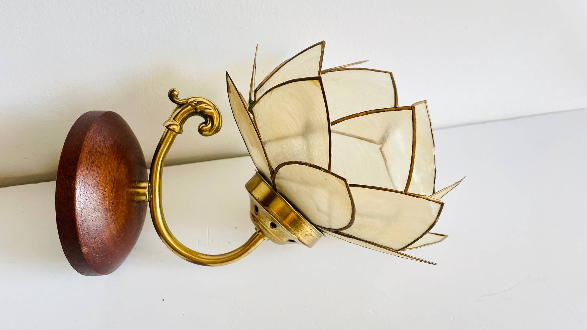 Vintage mother-of-pearl and brass flower wall lamp