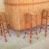 Rattan bar with 3 vintage stools