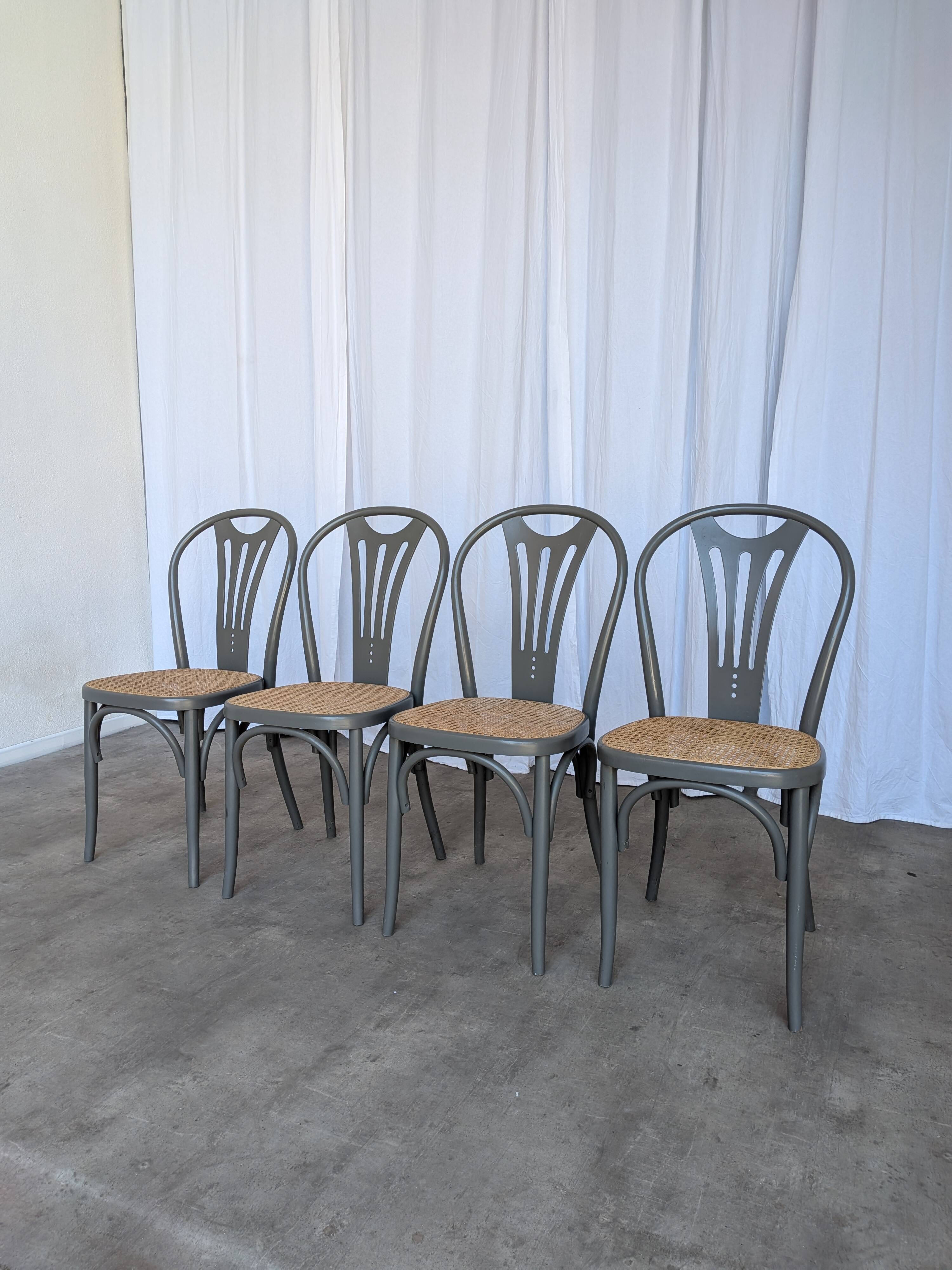 Set of 4 Vintage Gray Thonet Style Dining Chairs with Cane Seat