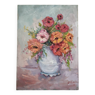 Acrylique sur toile nature morte contemporaine bouquet de fleurs bohème